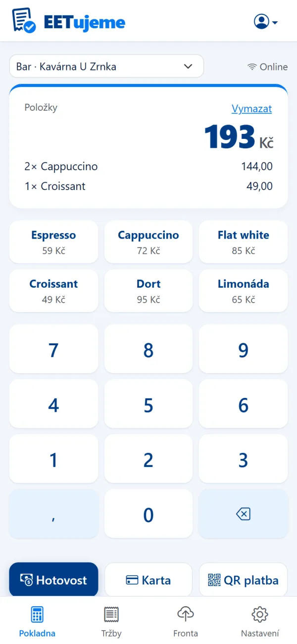 Pokladna EETujeme v mobilu — rychlá tlačítka a velká klávesnice