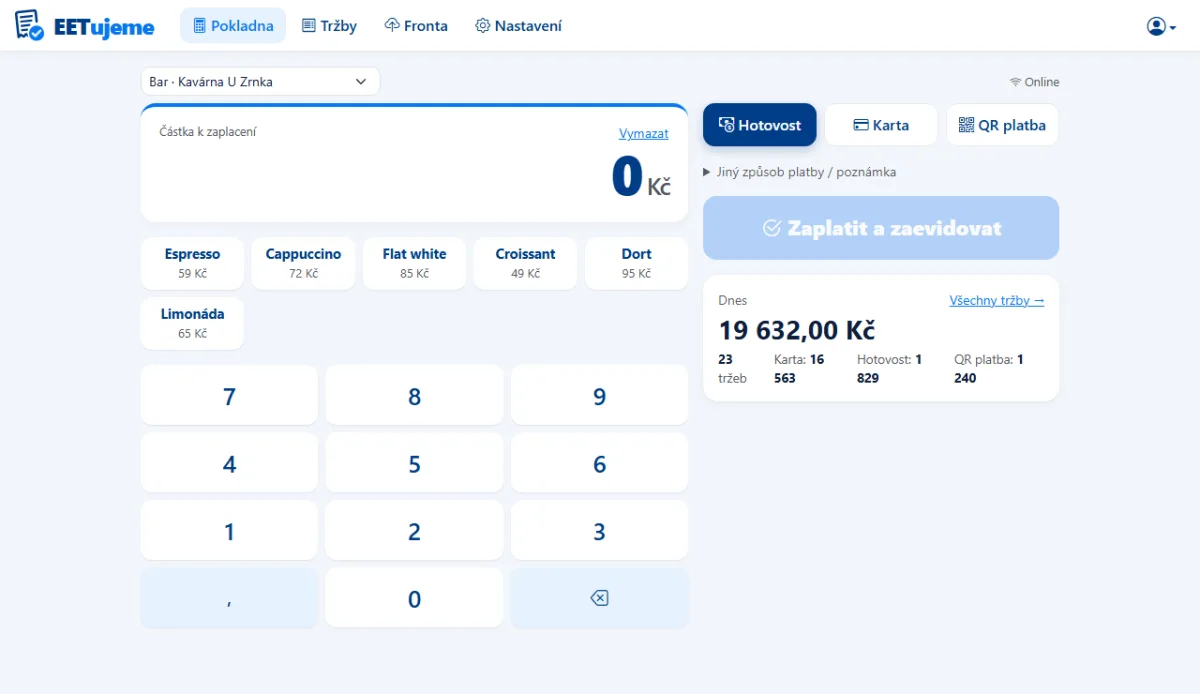 Pokladna eetujeme.cz v počítači: klávesnice, rychlá tlačítka, způsoby platby a denní souhrn