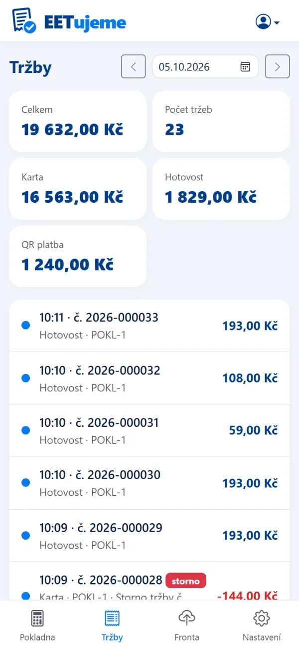 Přehled tržeb v mobilu — součty za hotovost, kartu a QR platby