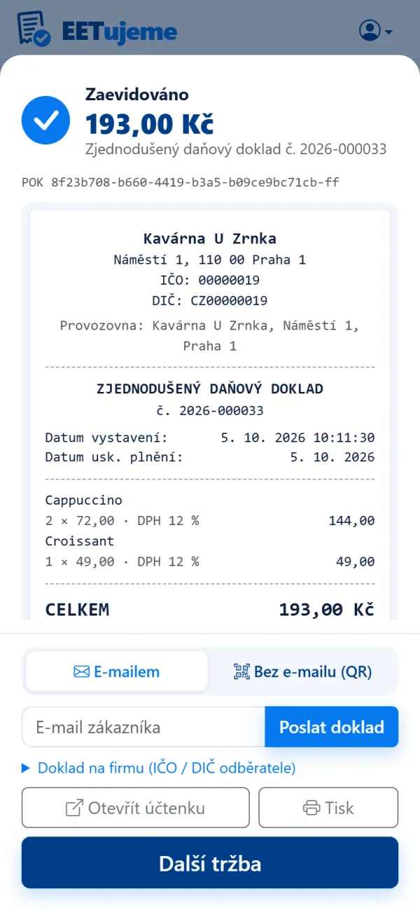 Potvrzená tržba: částka, číslo dokladu, POK a zjednodušený daňový doklad s volbou, jak ho předat zákazníkovi